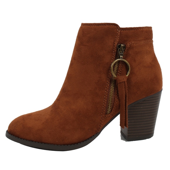 Shoes - Cognac Zipper Stacked Heel Ankle Boot